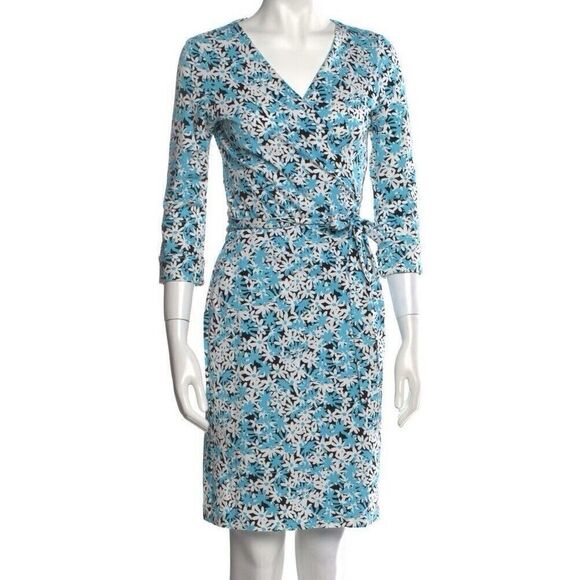 Diane Von Furstenberg New Julian Two Wrap Dress Garden Daisy Azure Blue Size 4 - Picture 2 of 9